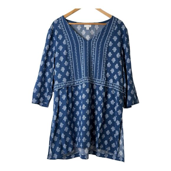 J Jill Top Womens Size L Seaside Woodblock Tunic Rayon 3/4 Sleeve Boho Coastal - Picture 2 of 12